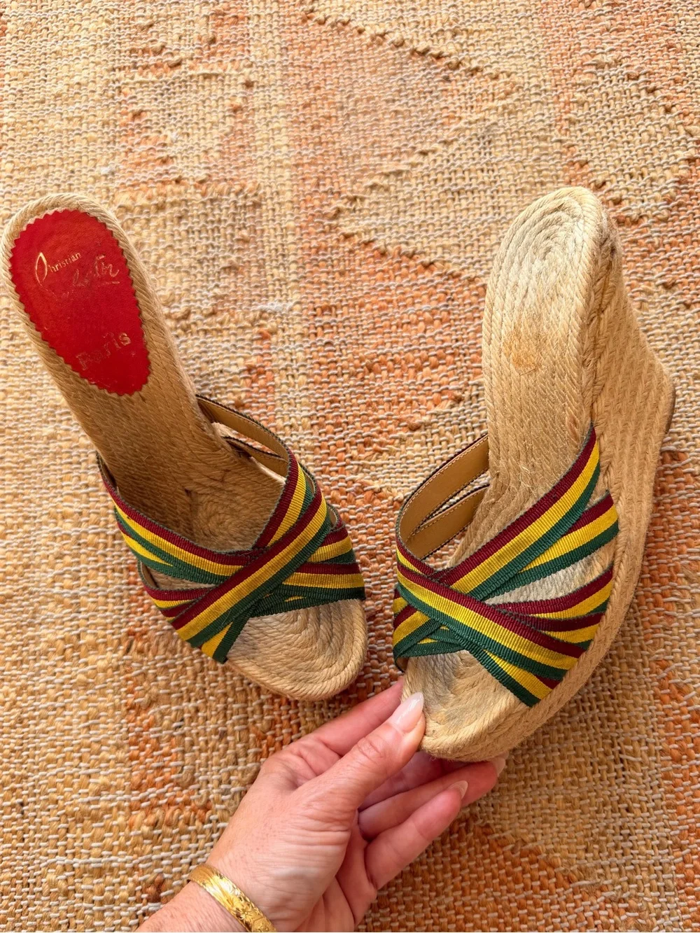 Y2K Vintage Christian Louboutin Rasta Jamaican Heel Sandal Espadrilles Size 38
